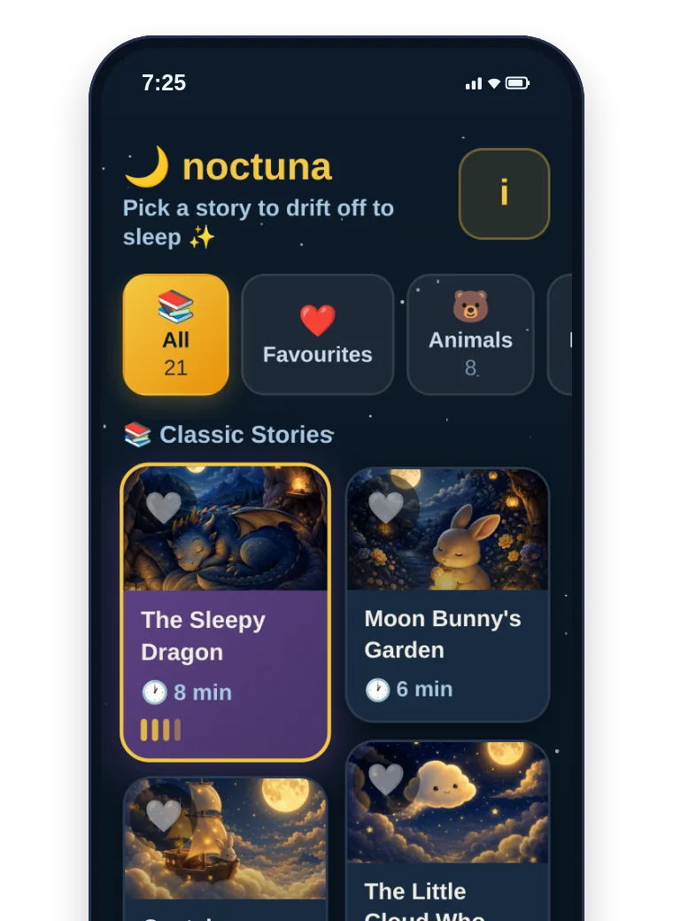 Noctuna story library showing illustrated bedtime story cards with reading times